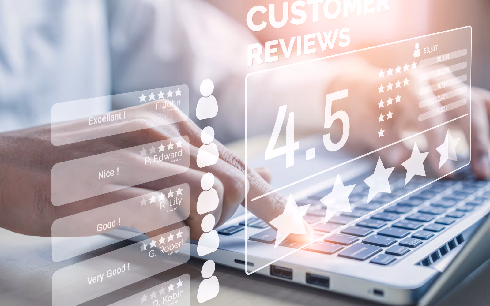 A laptop keyboard with fingers typing, graphics of online reviews laid overtop.