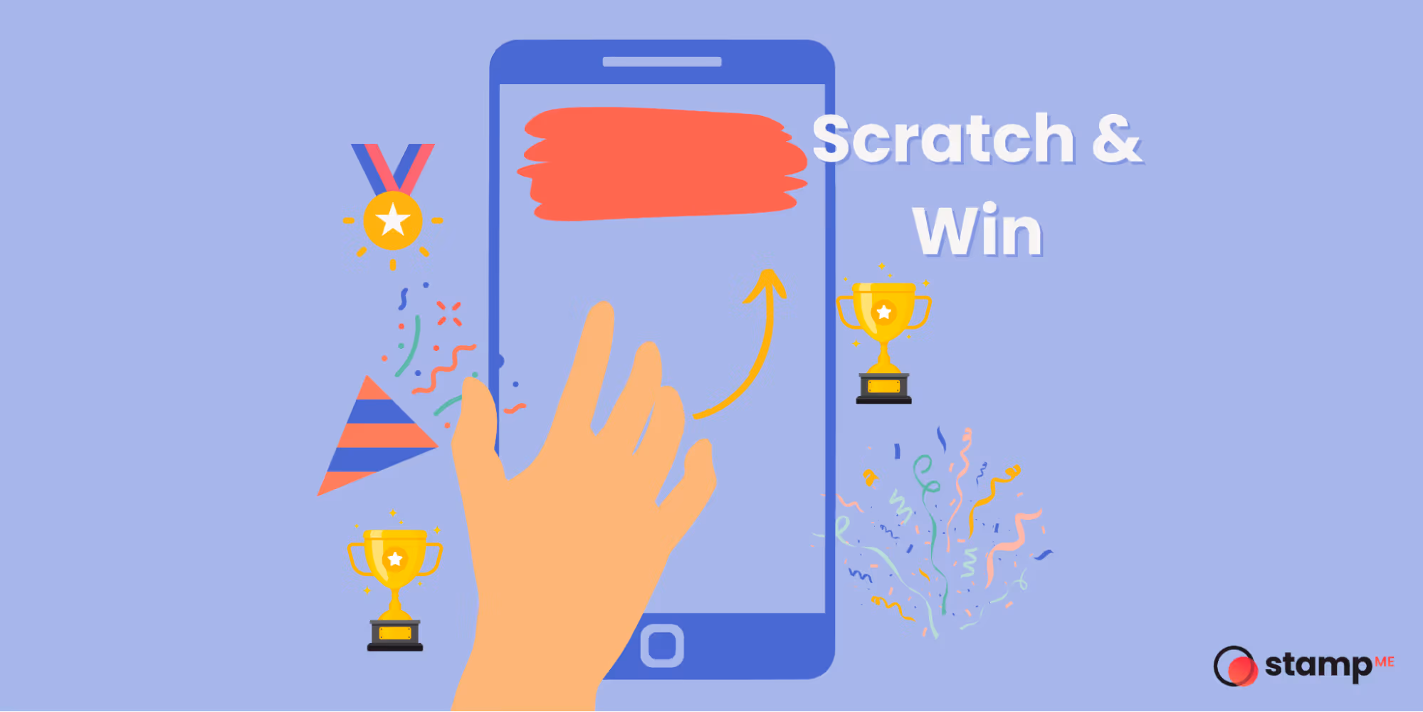 Graphic of 'Scratch & Win' with celebratory icons. 