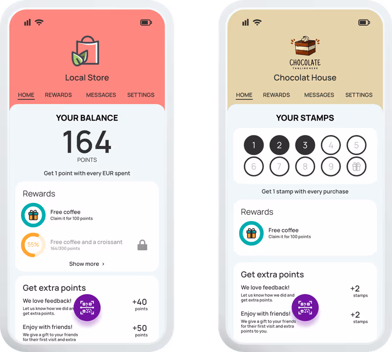 Yollty loyalty program mobile app interface showing digital rewards and customer offers.