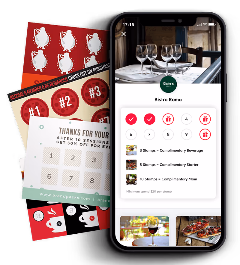 Flex Rewards app interface on mobile phone with stamp cards, combining digital and physical loyalty systems.
