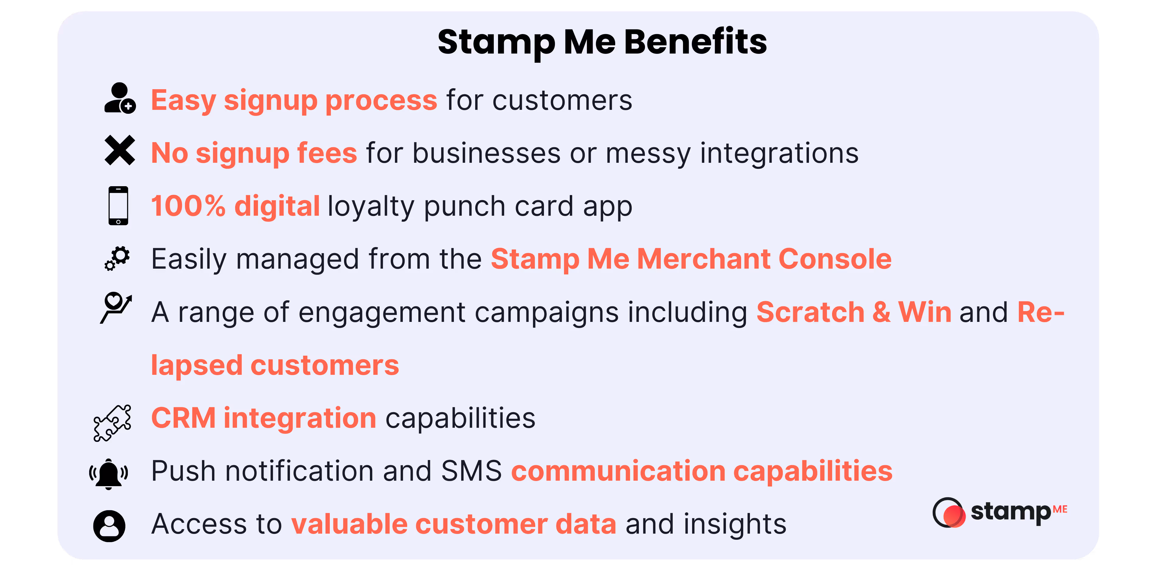 Graphic with features of Stamp Me benefits.