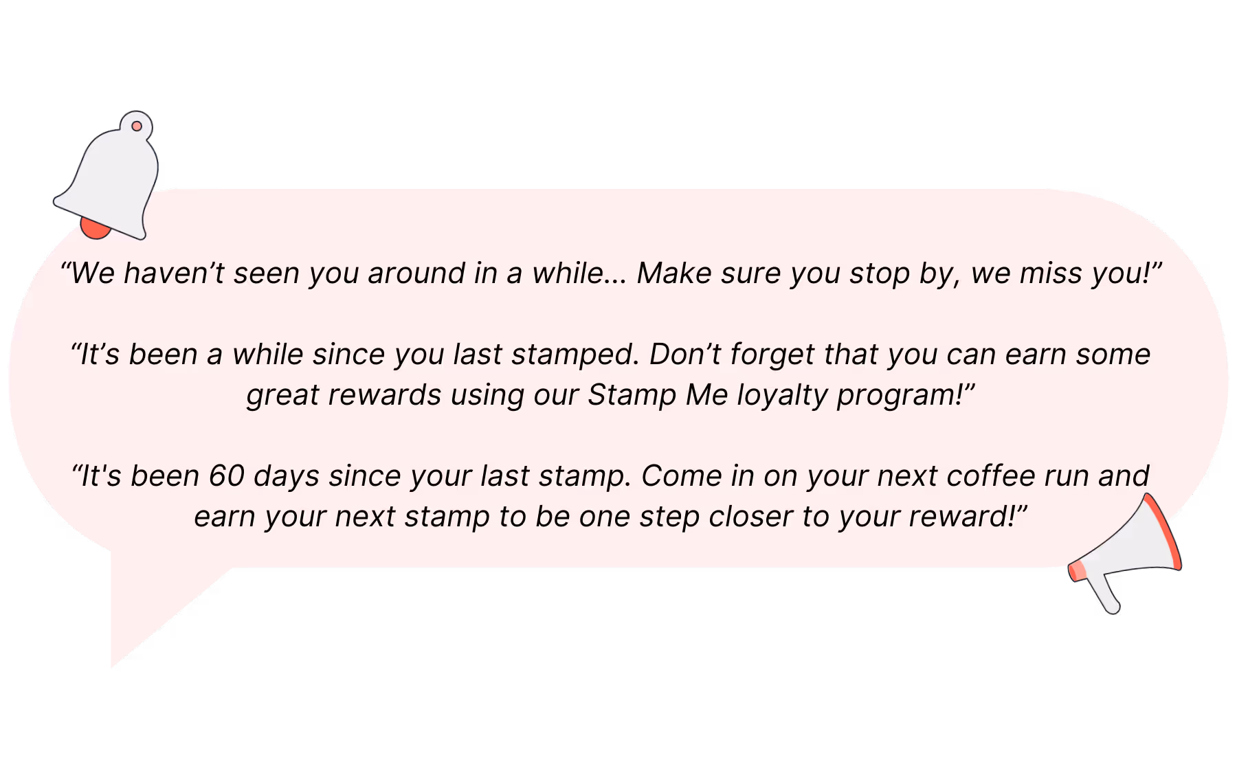 Graphic with text and icons of bell and loudspeaker. 