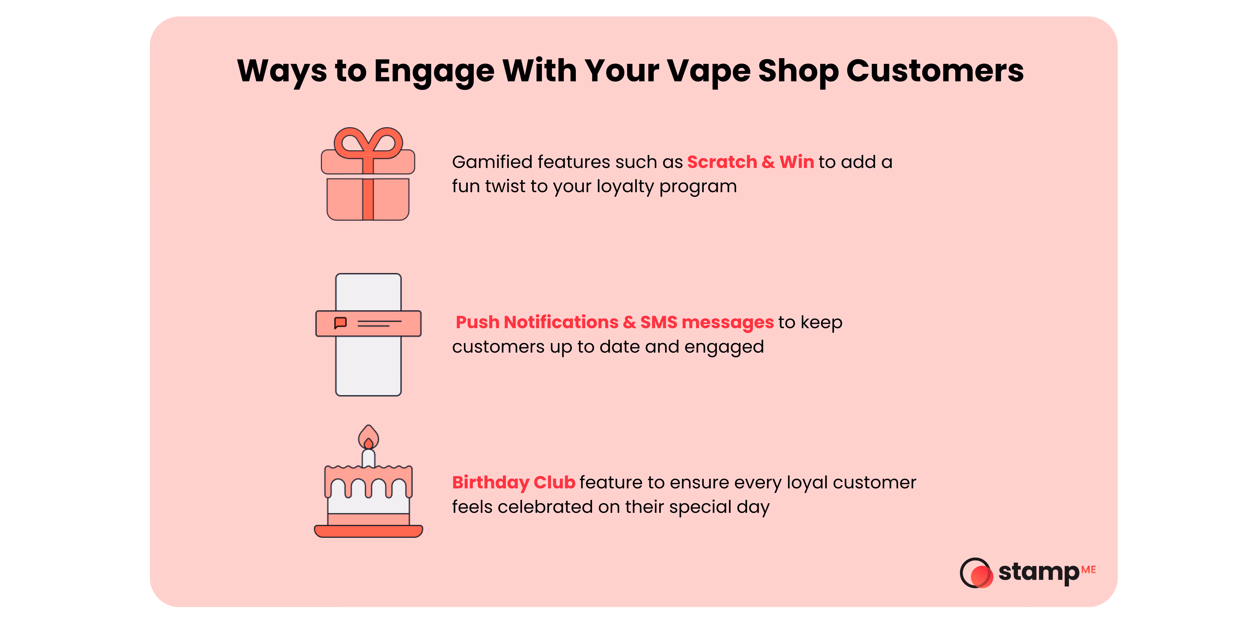Graphic with text over a pink background and icons of a present, phone, and birthday cake. 