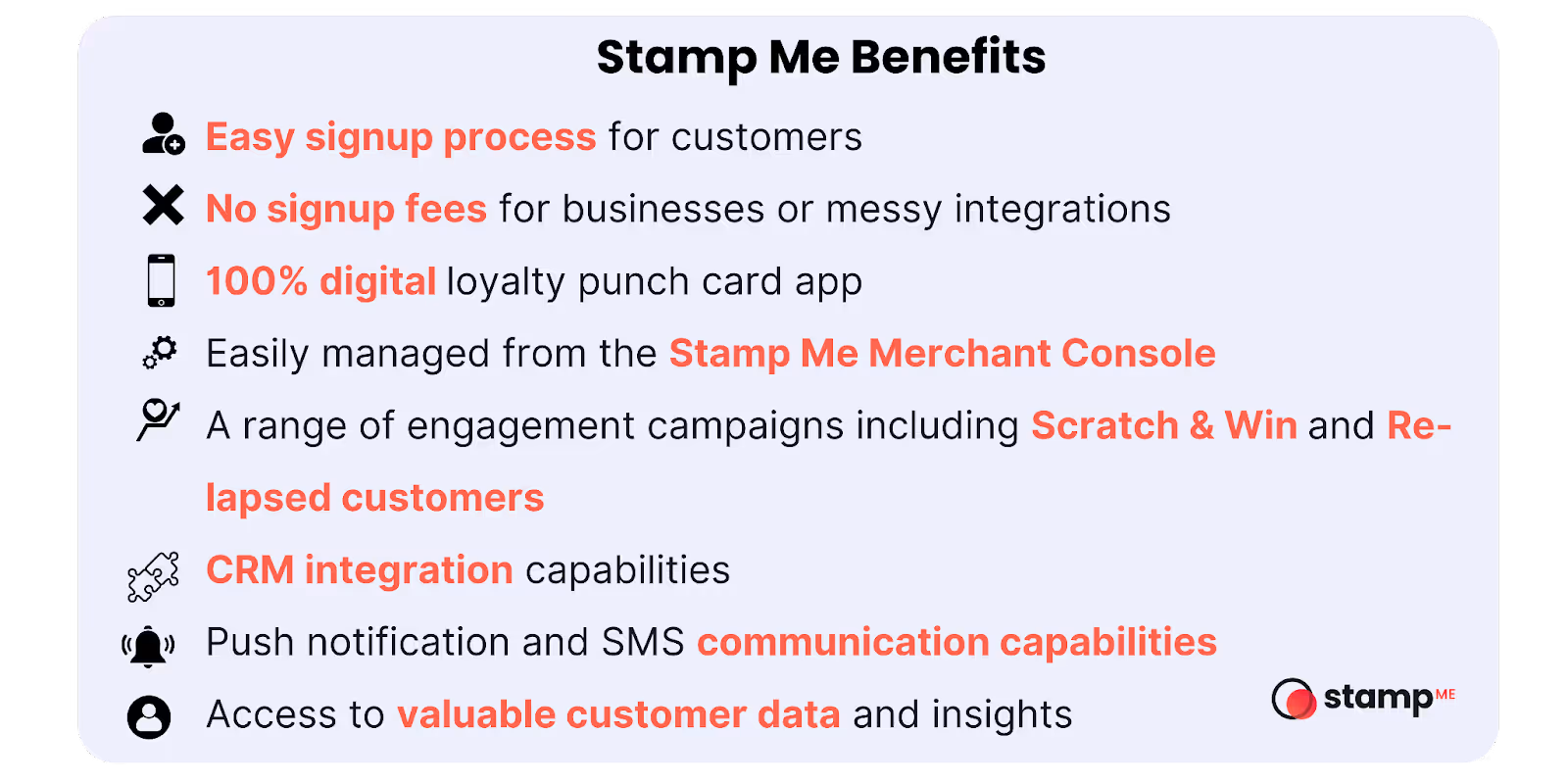 Stamp Me graphic of text and icons. 