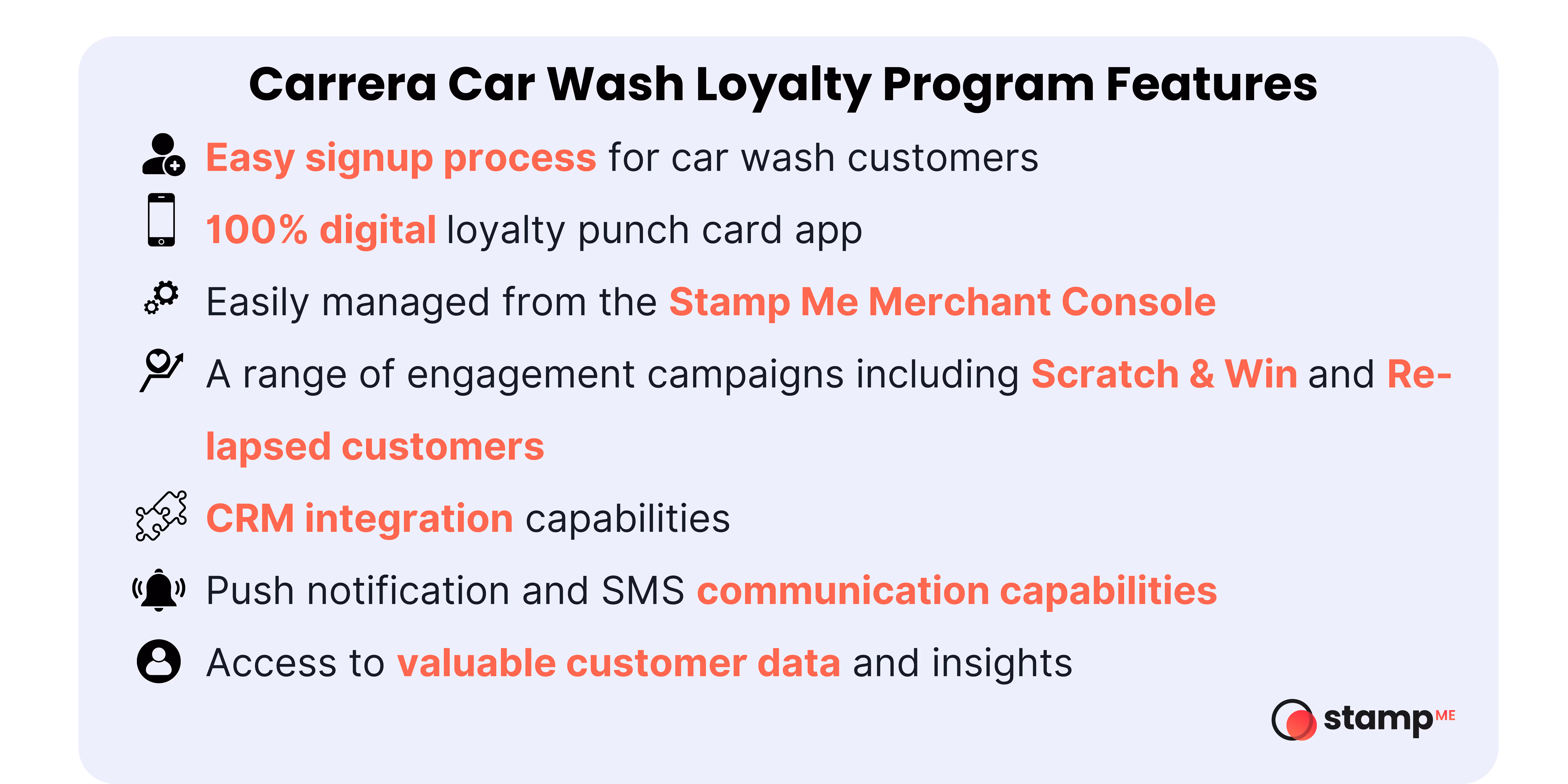 Graphic tile displaying key features of a loyalty program, with text and icons highlighting rewards and customer engagement.
