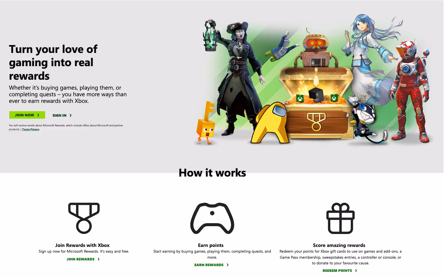 Screenshot of Xbox website displaying details of their gamified loyalty program and rewards system.