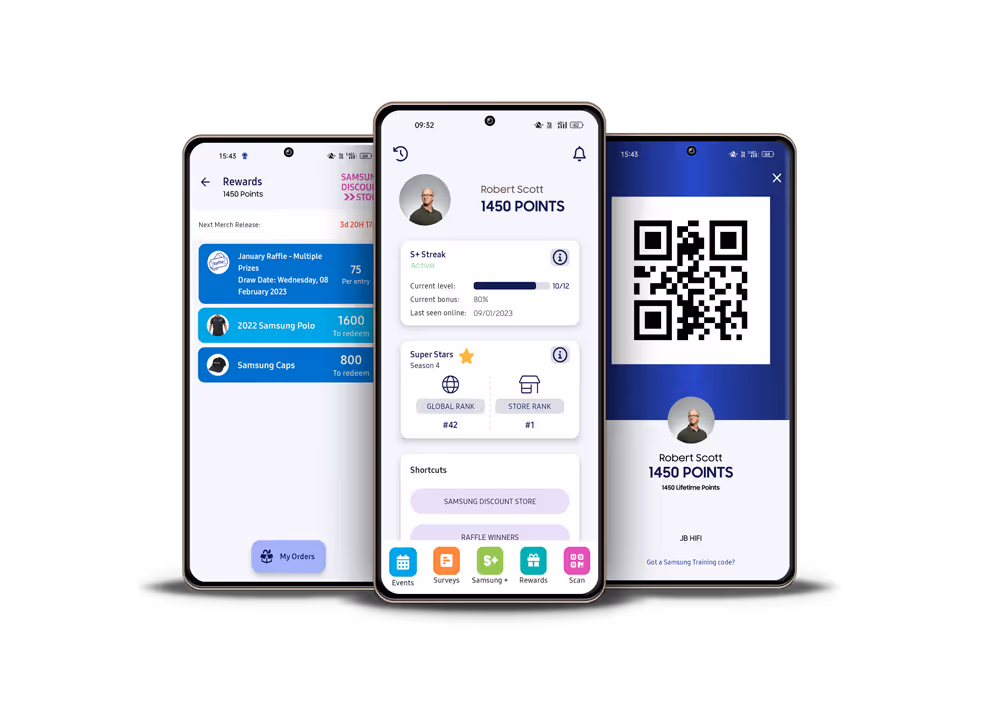 Three mobile phones displaying the Samsung Learn & Earn app, showcasing gamified learning and rewards