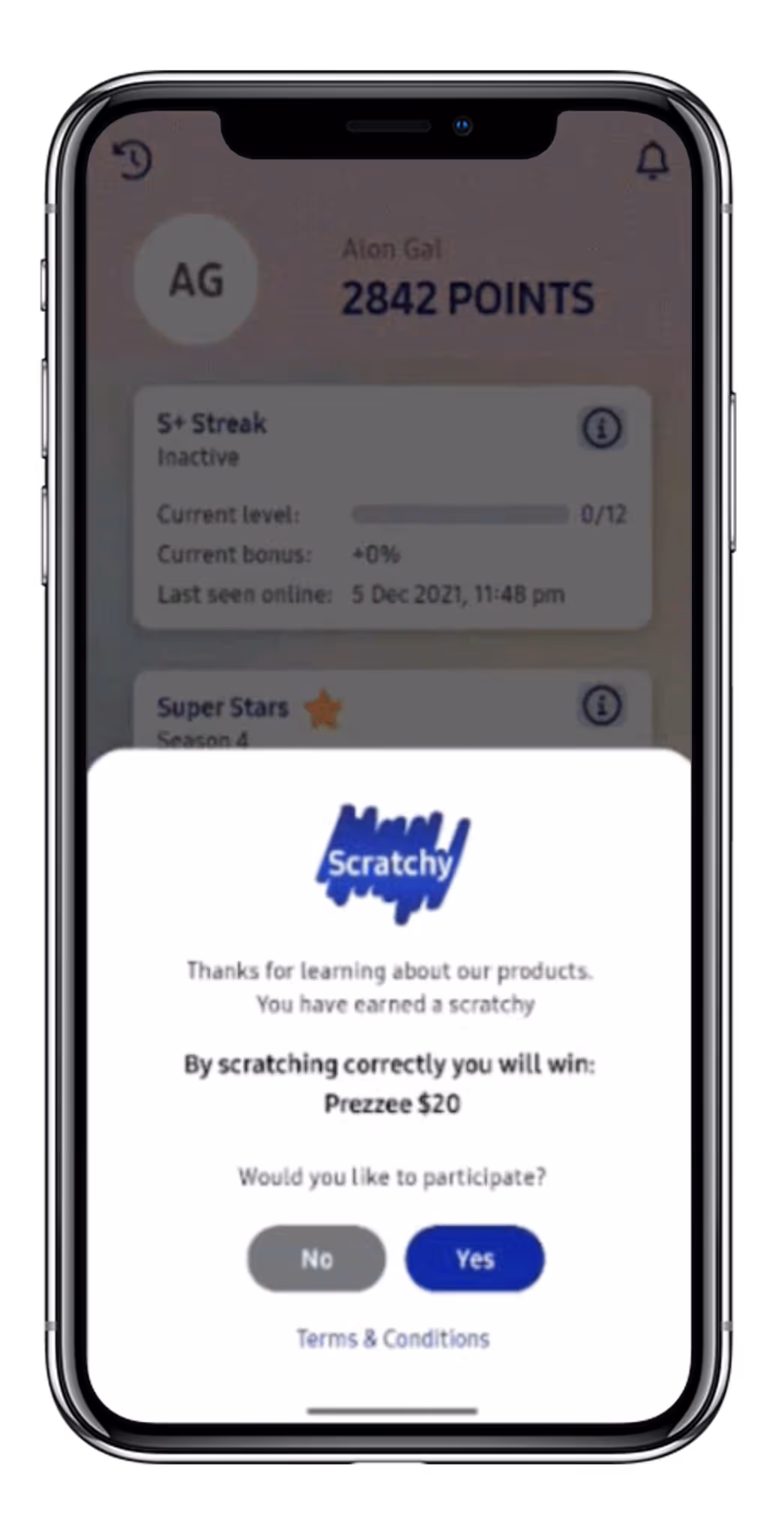Mobile phone showing the 'Scratch & Win' feature on the Samsung Learn & Earn app, offering gamified rewards.