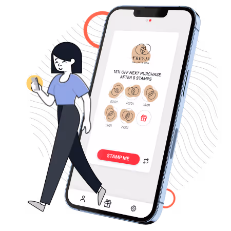 Graphic of a woman holding a phone. Stamp Me phone interface behind with a background image.