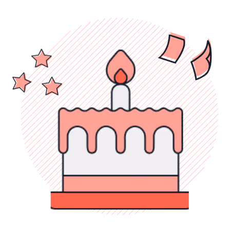Icon of a birthday cake with confetti and stars around it. 
