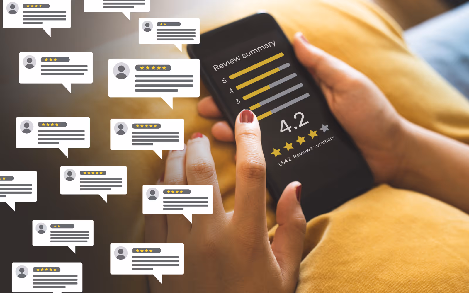 Hands holding a phone and various comment graphics on the side of the screen.