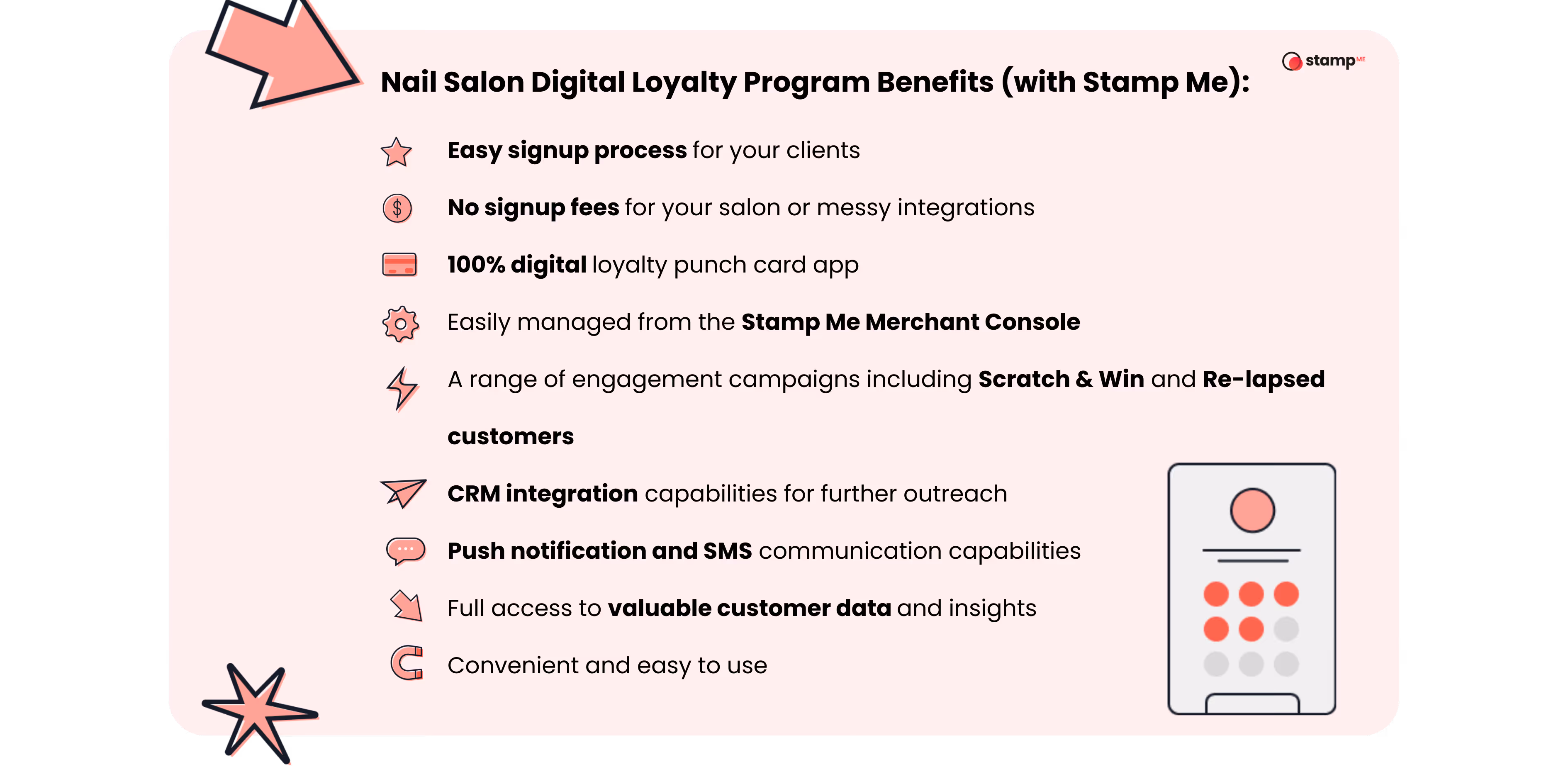 Graphic tile on the benefits of Stamp Me. 