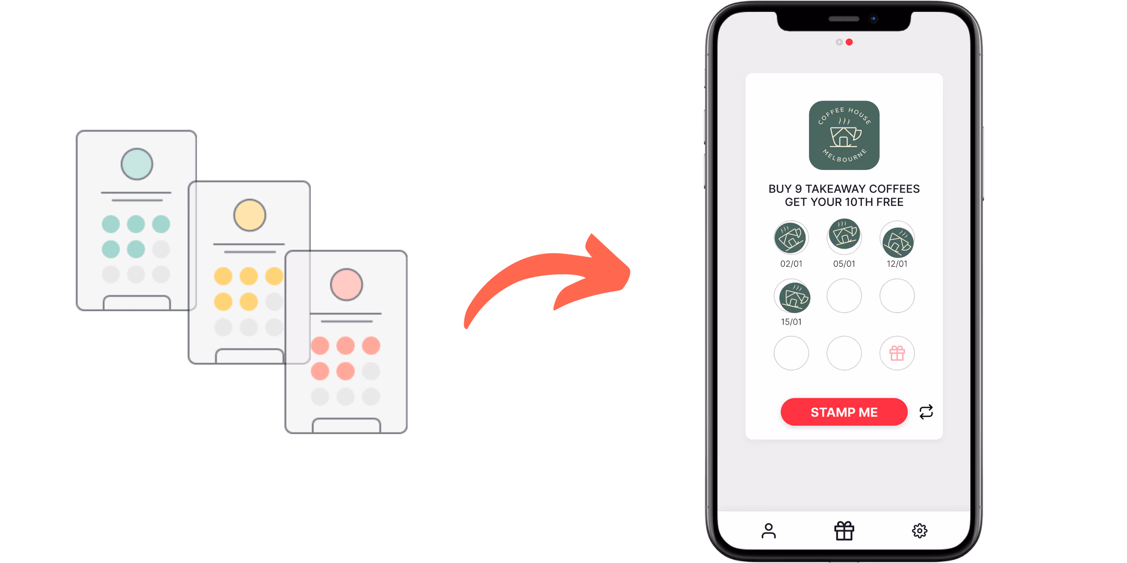 Three graphics of stamp cards and an arrow leading to the Stamp Me app. 
