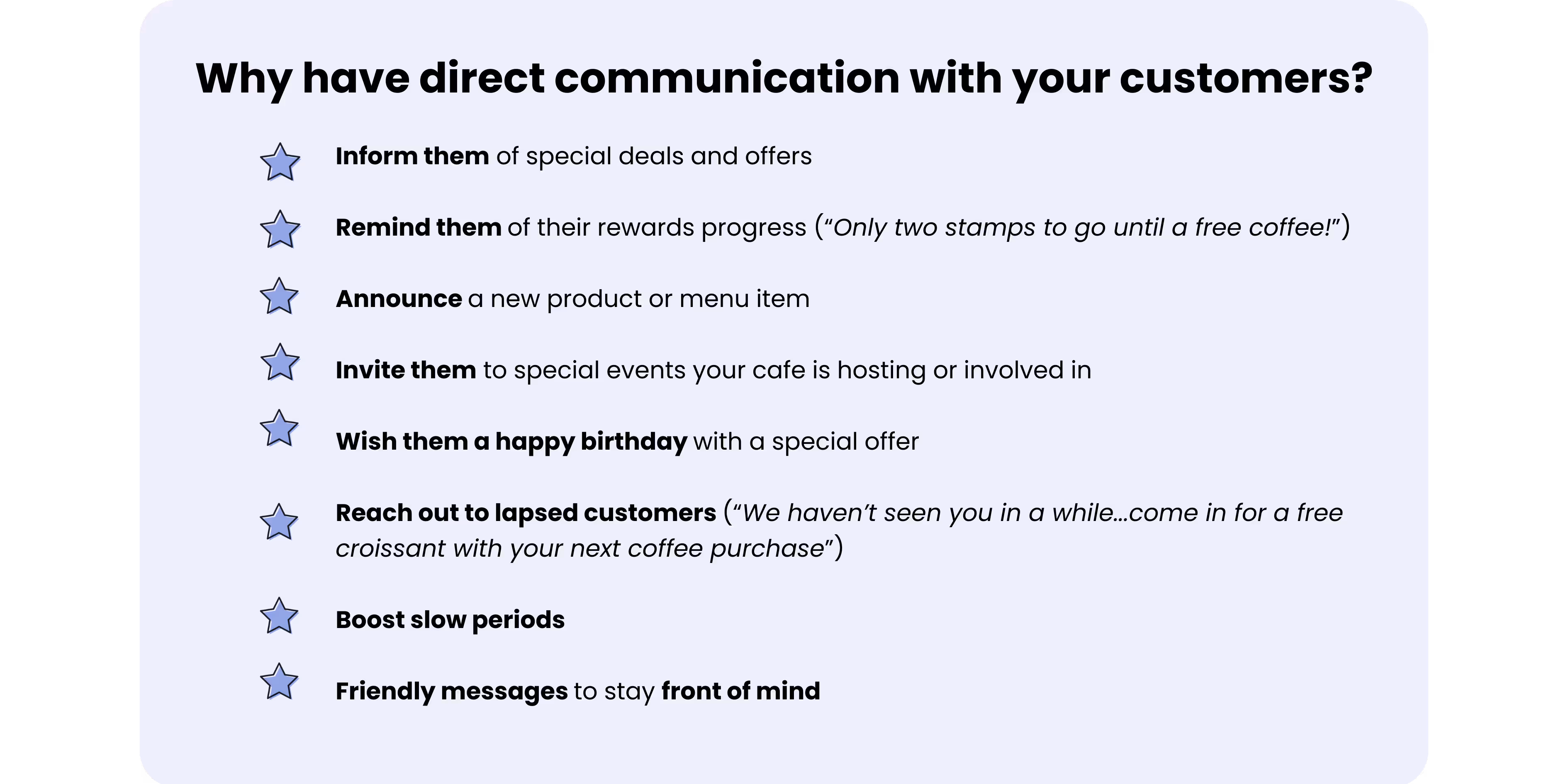 Blue background with text and icons on why you should have a direct communication with customers. 