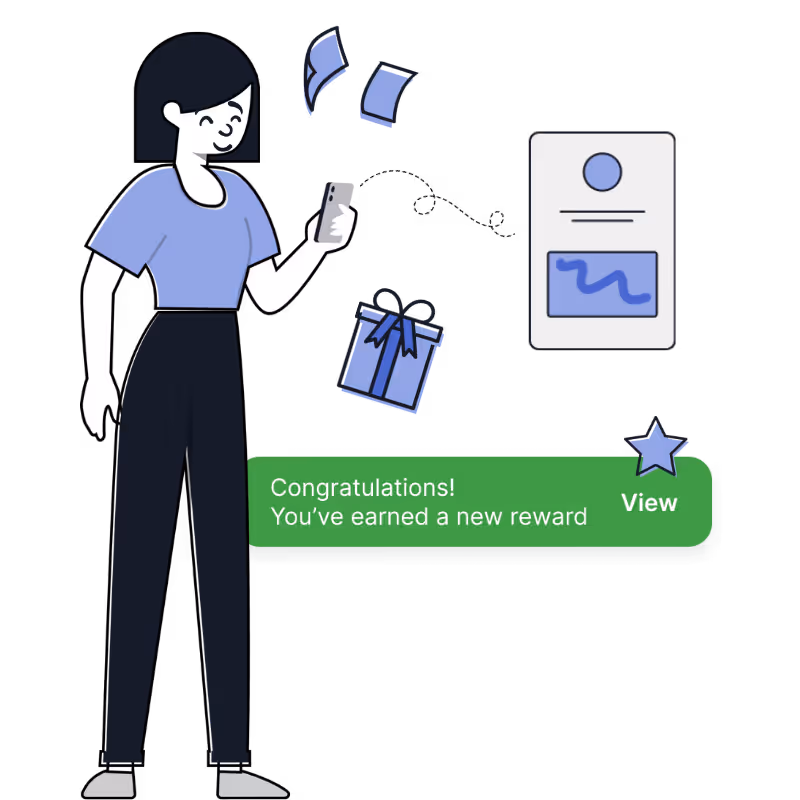 Graphic of a woman holding a phone with the scratch card and a notification. 