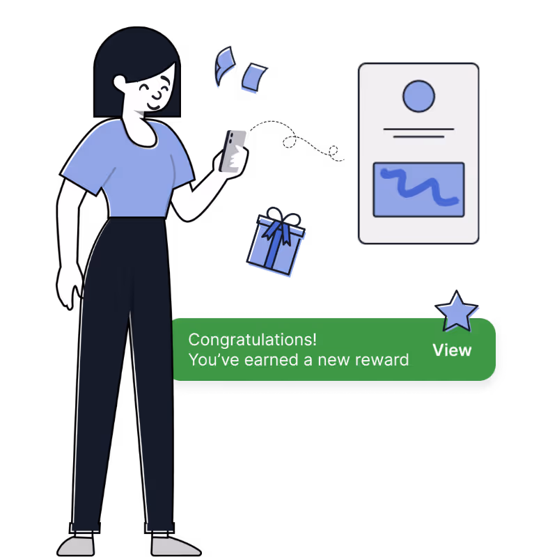 Graphic depiction of a woman holding a mobile phone and various icons behind her all alluding to Scratch & Win games. 