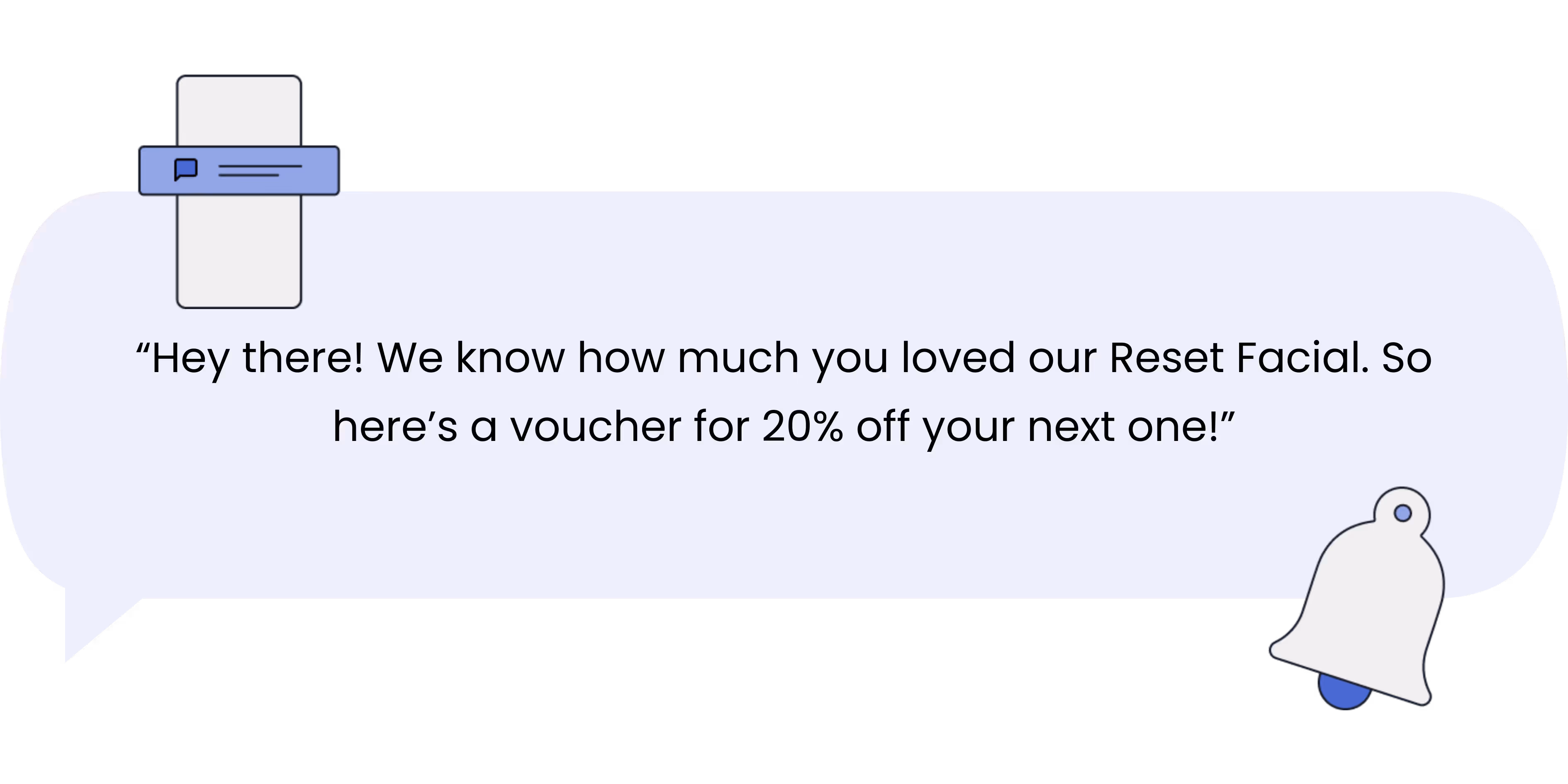 Blue text text message with a sample message inside and icons. 