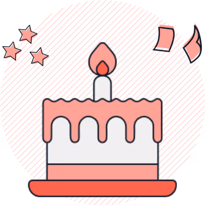 A birthday cake icon with stars and confetti around it. 