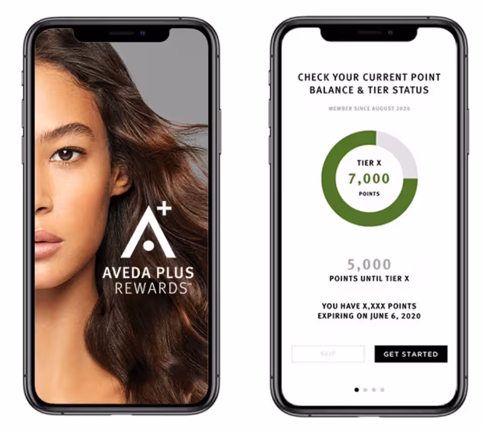 Aveda Plus loyalty app interface displayed on two smartphone screens.