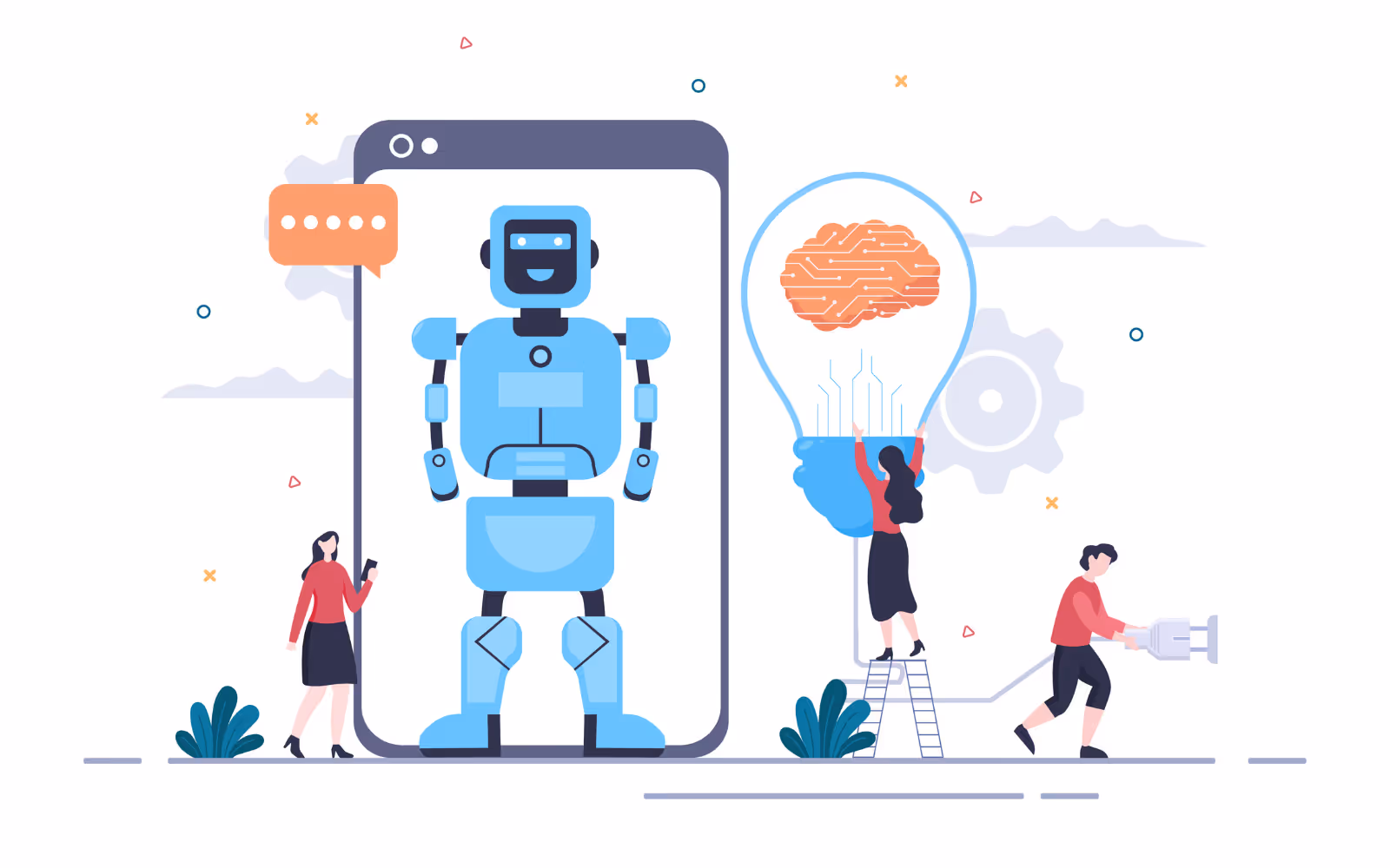 Graphic of robots with a phone and various icons, representing AI.