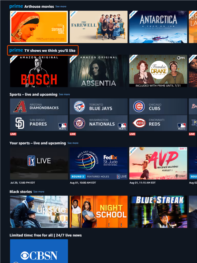 A screenshot of the Prime recommended area on Amazon Prime. 