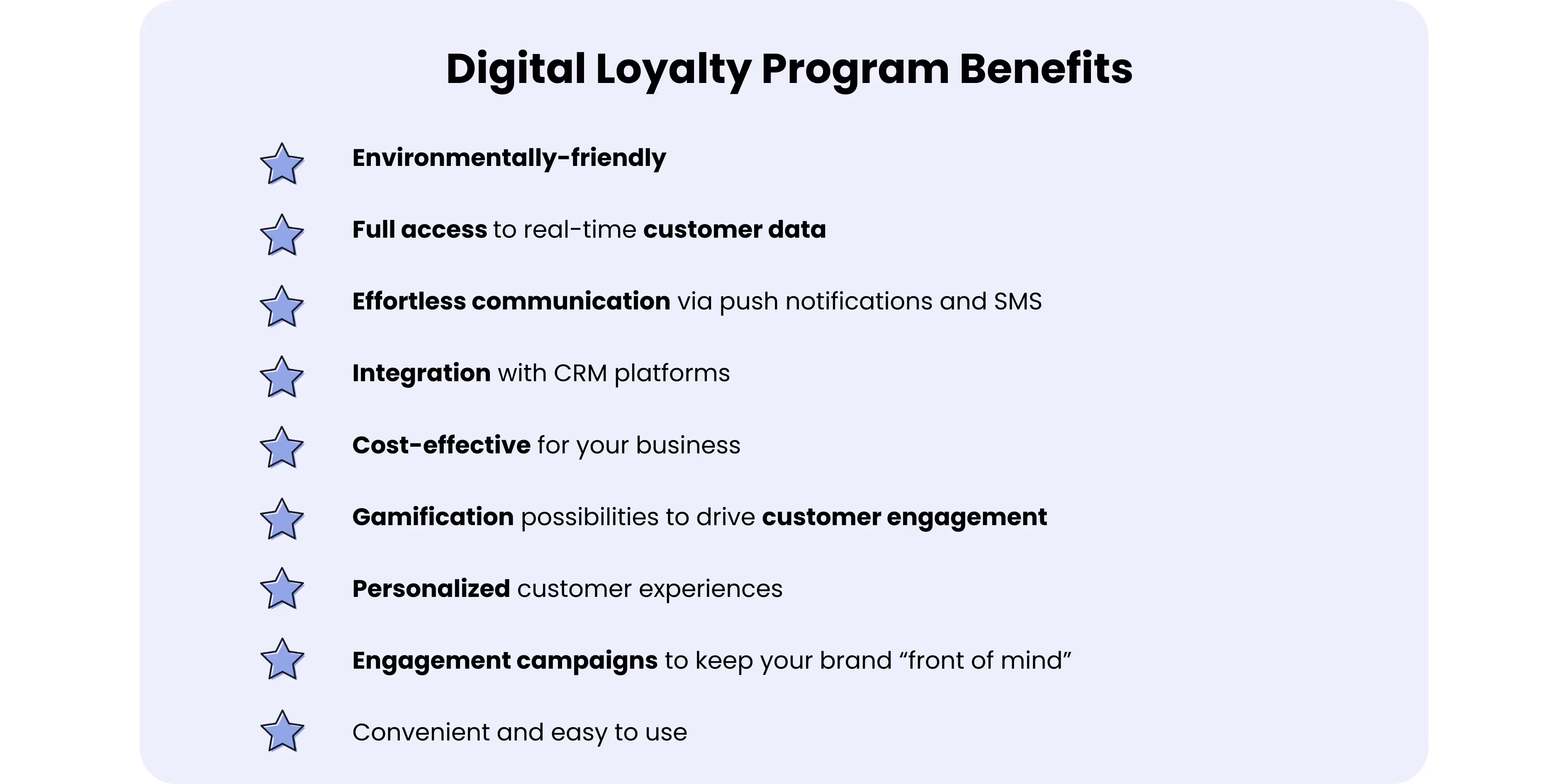 a list of digital loyalty program benefits in a graphic tile