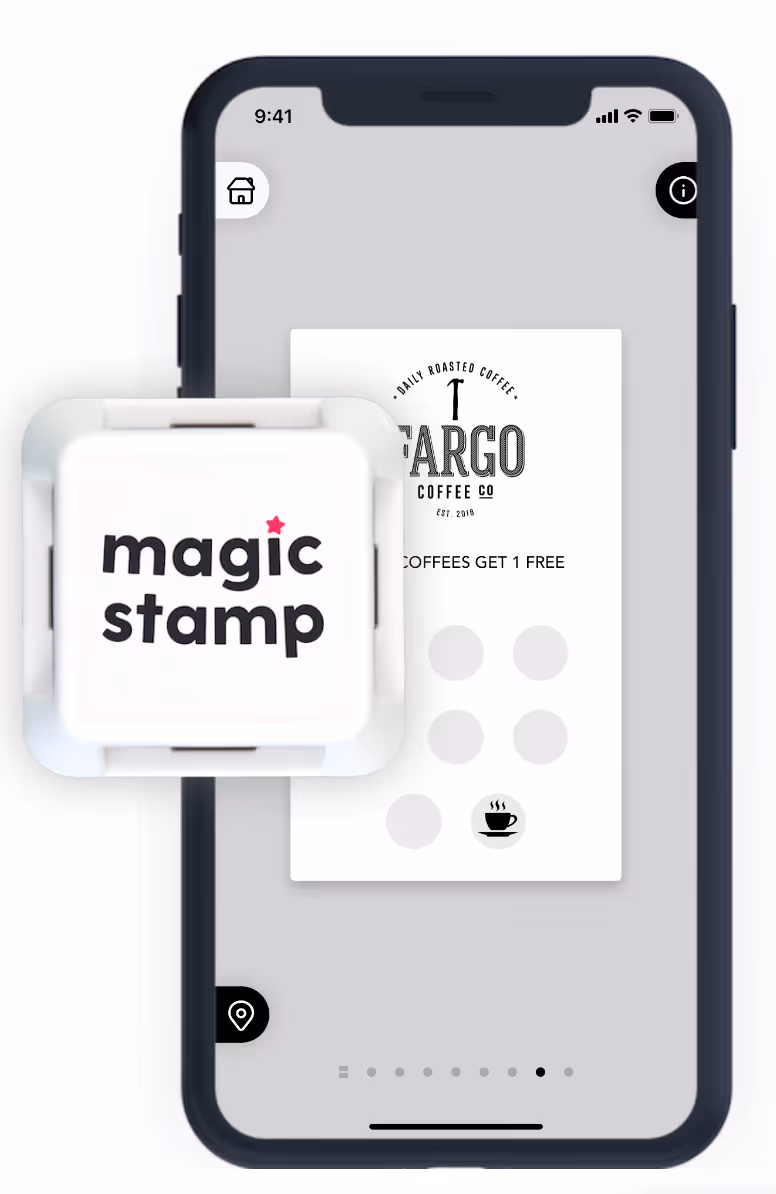 Magic Stamp loyalty app on a phone with the NFC device in front.