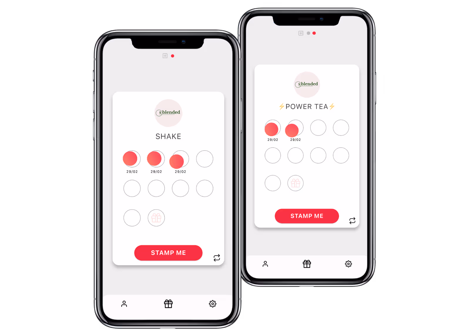 Sblended's stamp card on the Stamp Me app in two phone screens. 