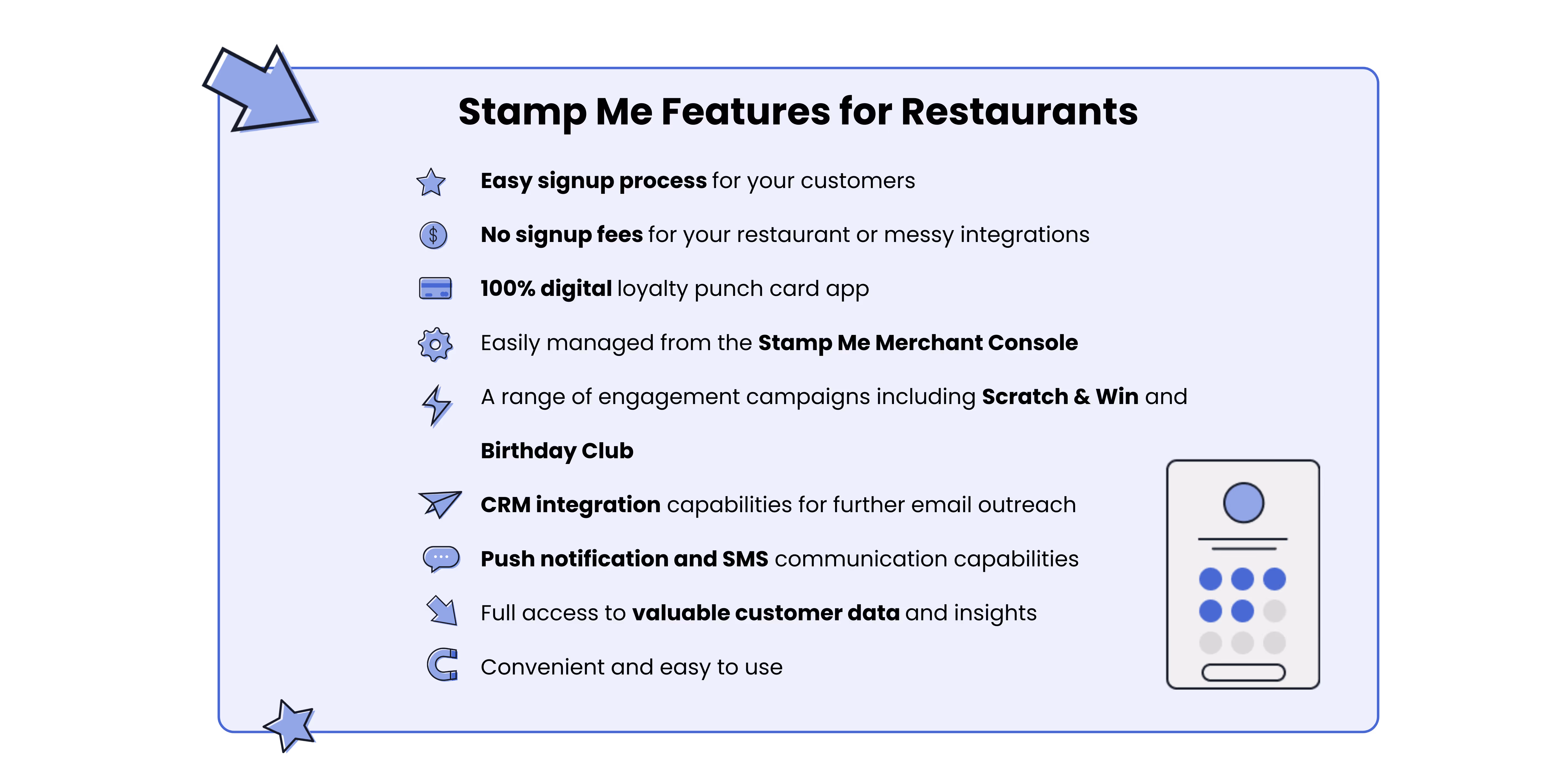 The above list of Stamp Me's features but in a graphic tile with icons. 
