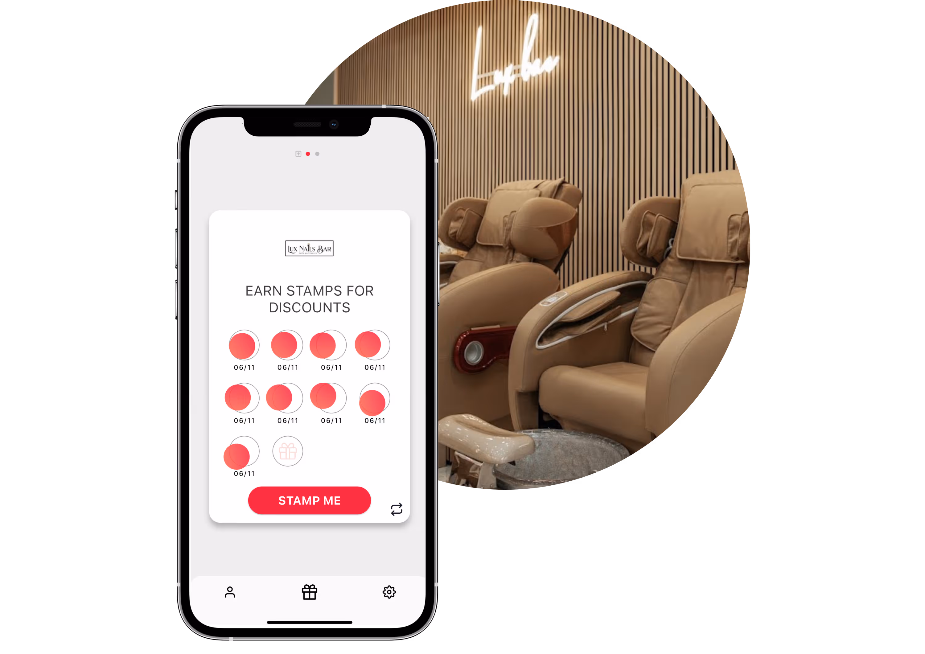 Lux Nails Bar stamp card on the Stamp Me app in a phone. Behind it, an image of the salon in a circle frame. 