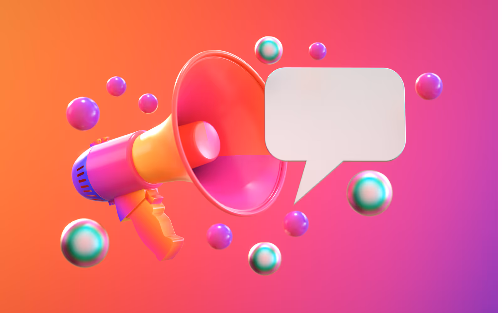 Megaphone with a speech bubble and balls around it. 