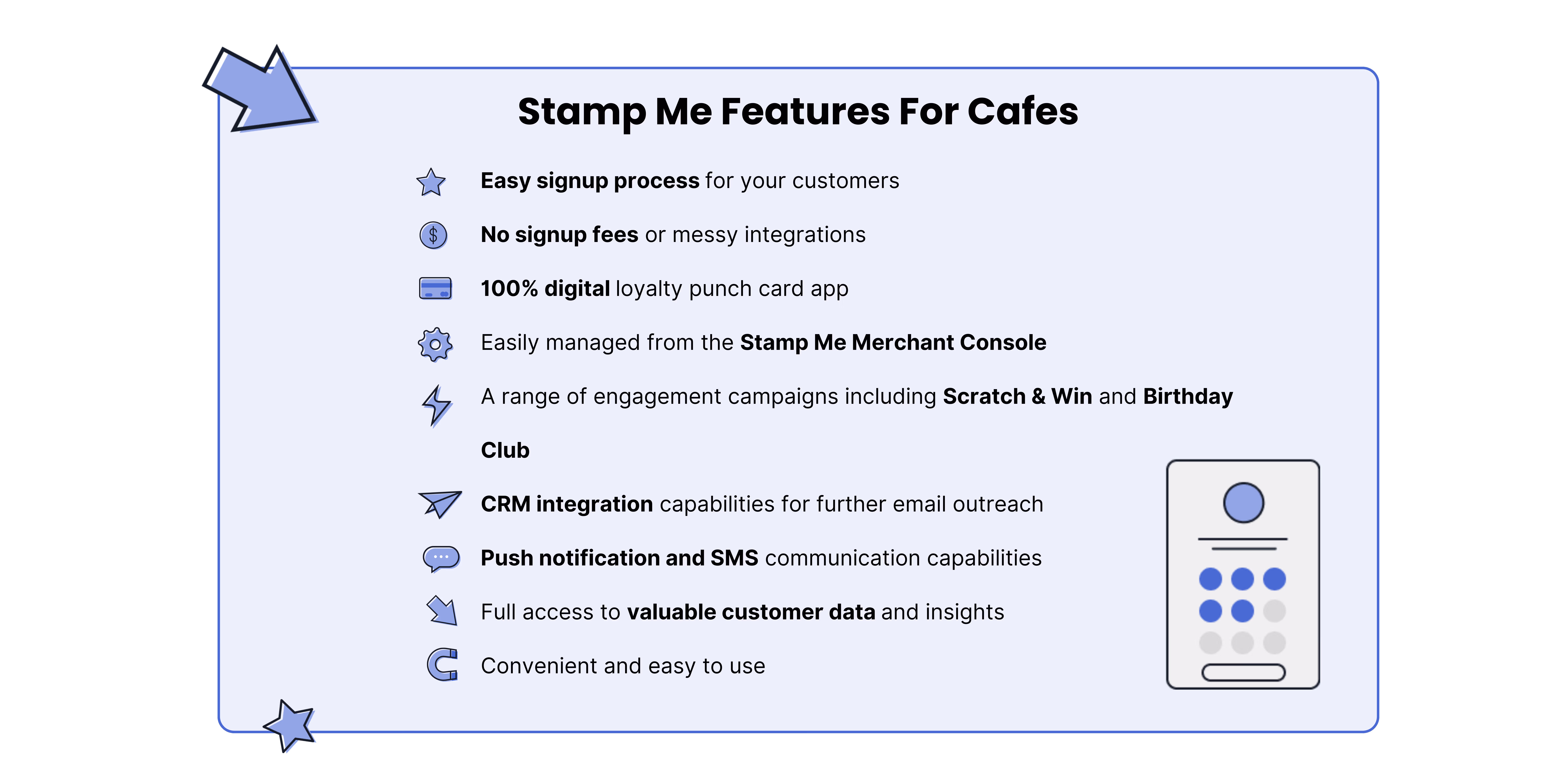 Stamp Me features for cafes in a graphic tile. 
