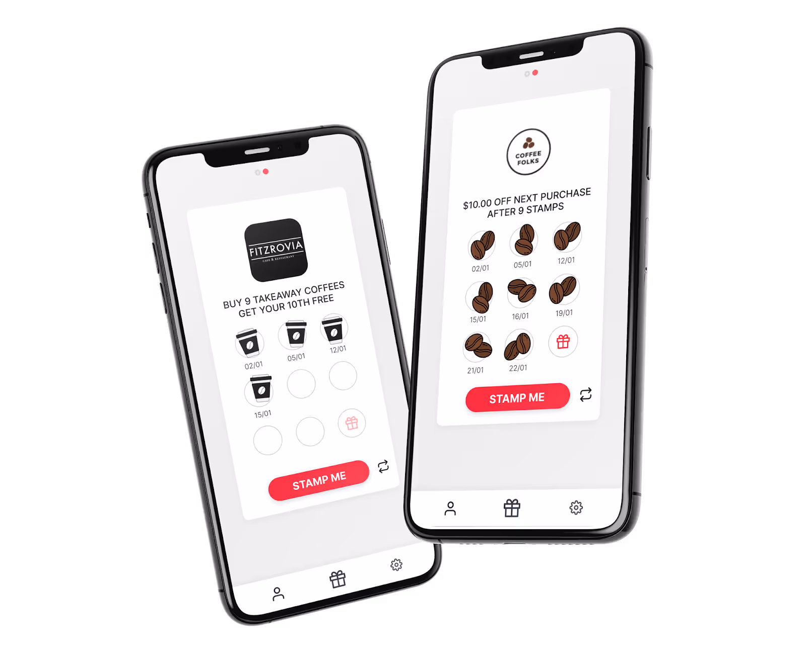 Two phones side by side, showing two examples of Stamp Me stamp card.
