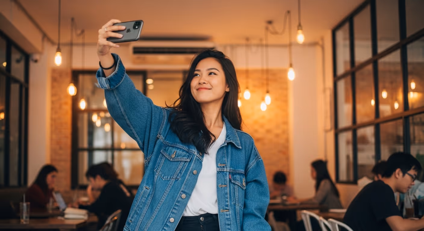 Person taking a selfie at a cafe