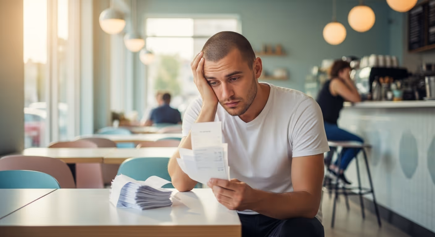 A stressed cafe owner looking at bills or empty tables.
