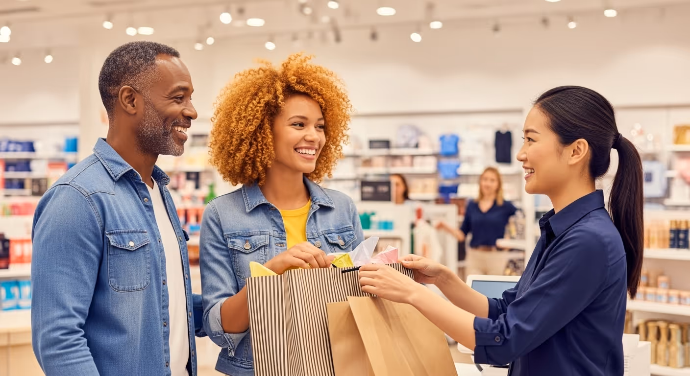 two happy customers talking to a staff member at a retail store, as the staff member hands them a shopping bag 