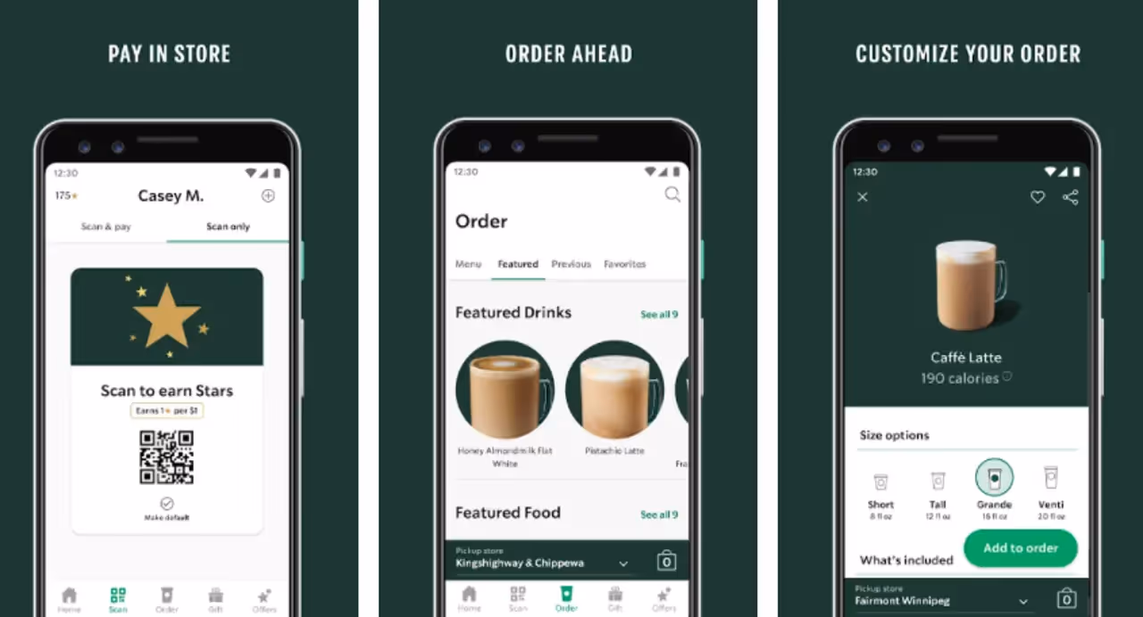 Different screens from the Starbucks Rewards app.