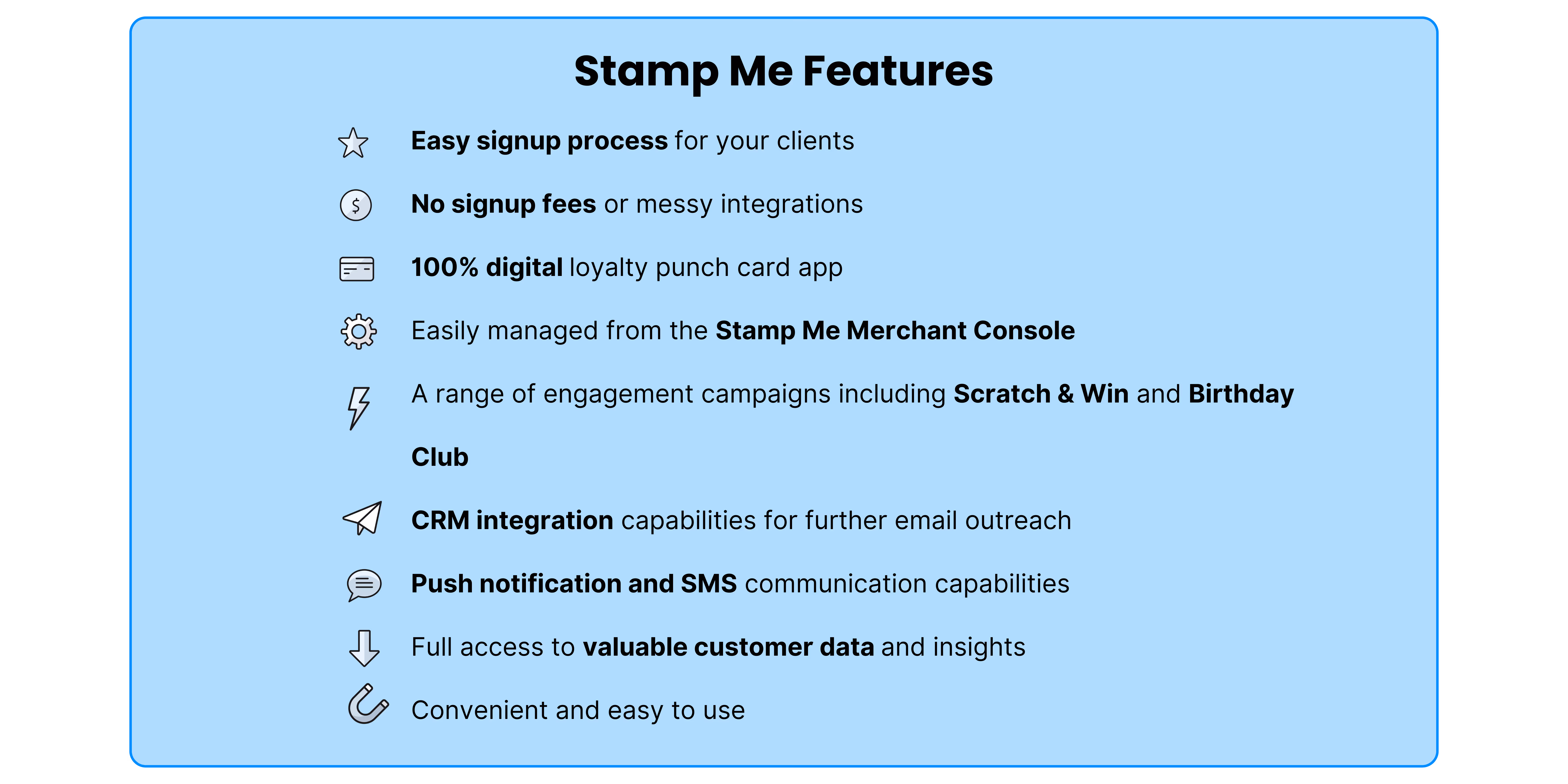 List of Stamp Me features in a graphic tiles. 