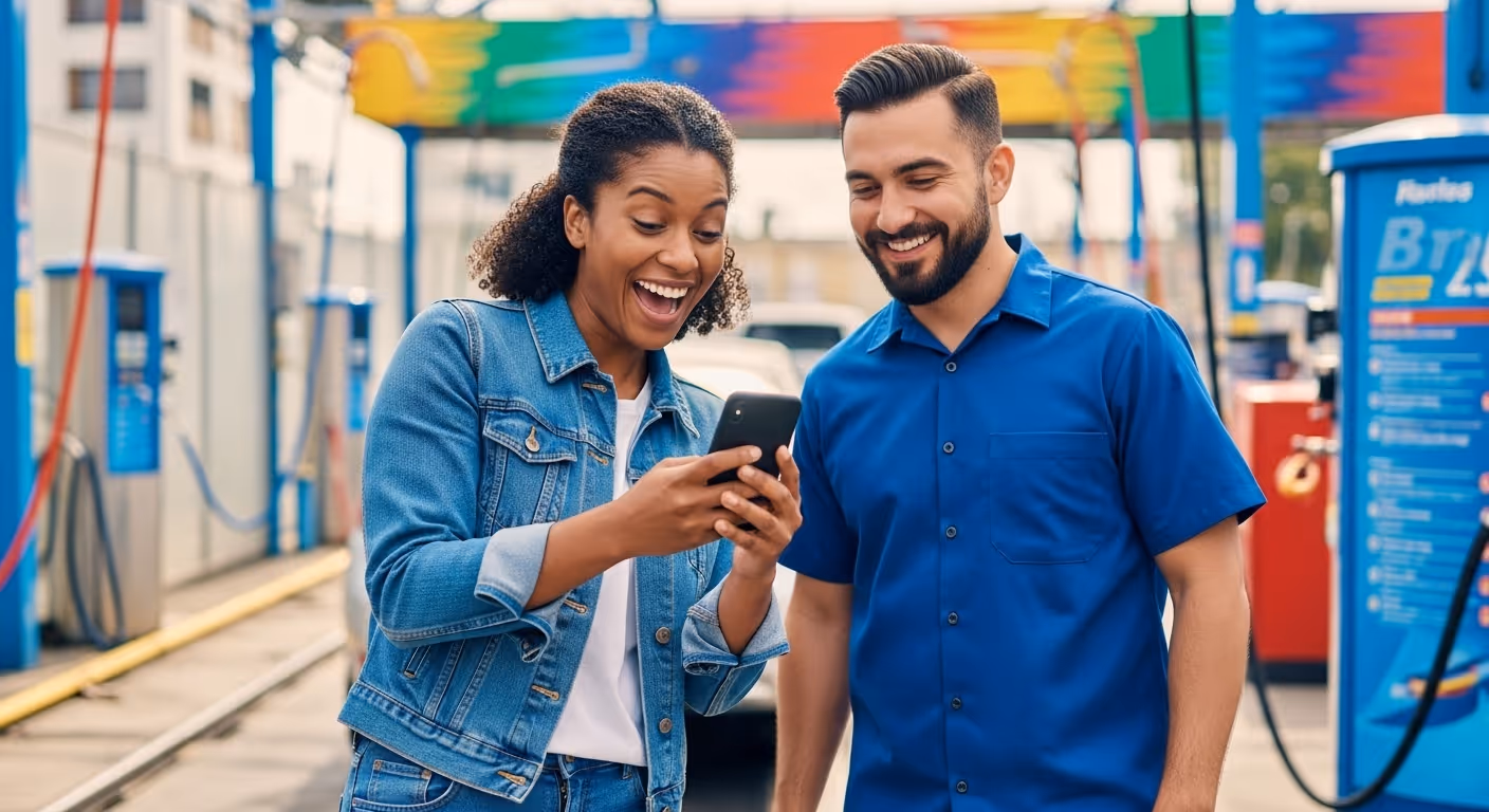 person looking excited at their phone, next to a staff member at the car wash