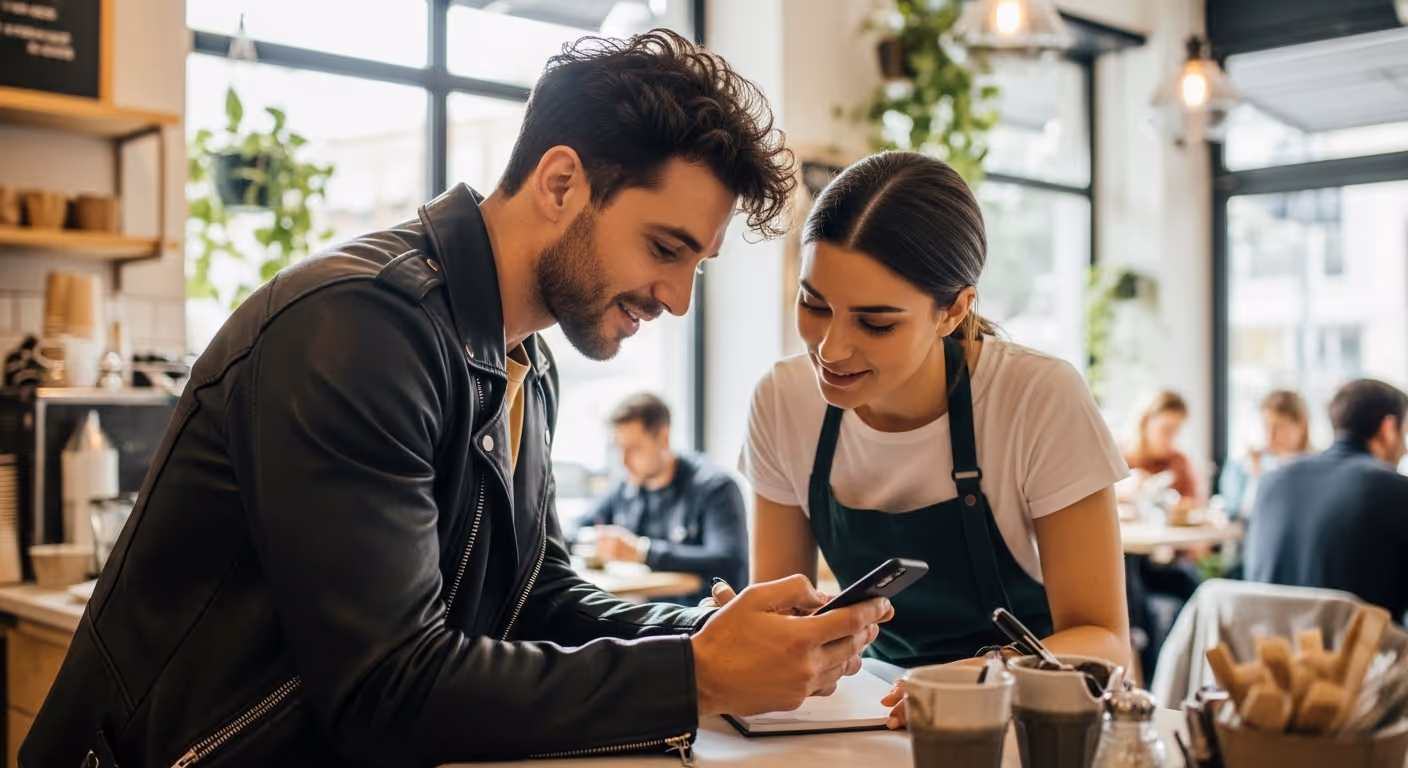 person at a cafe showing a staff member their phone