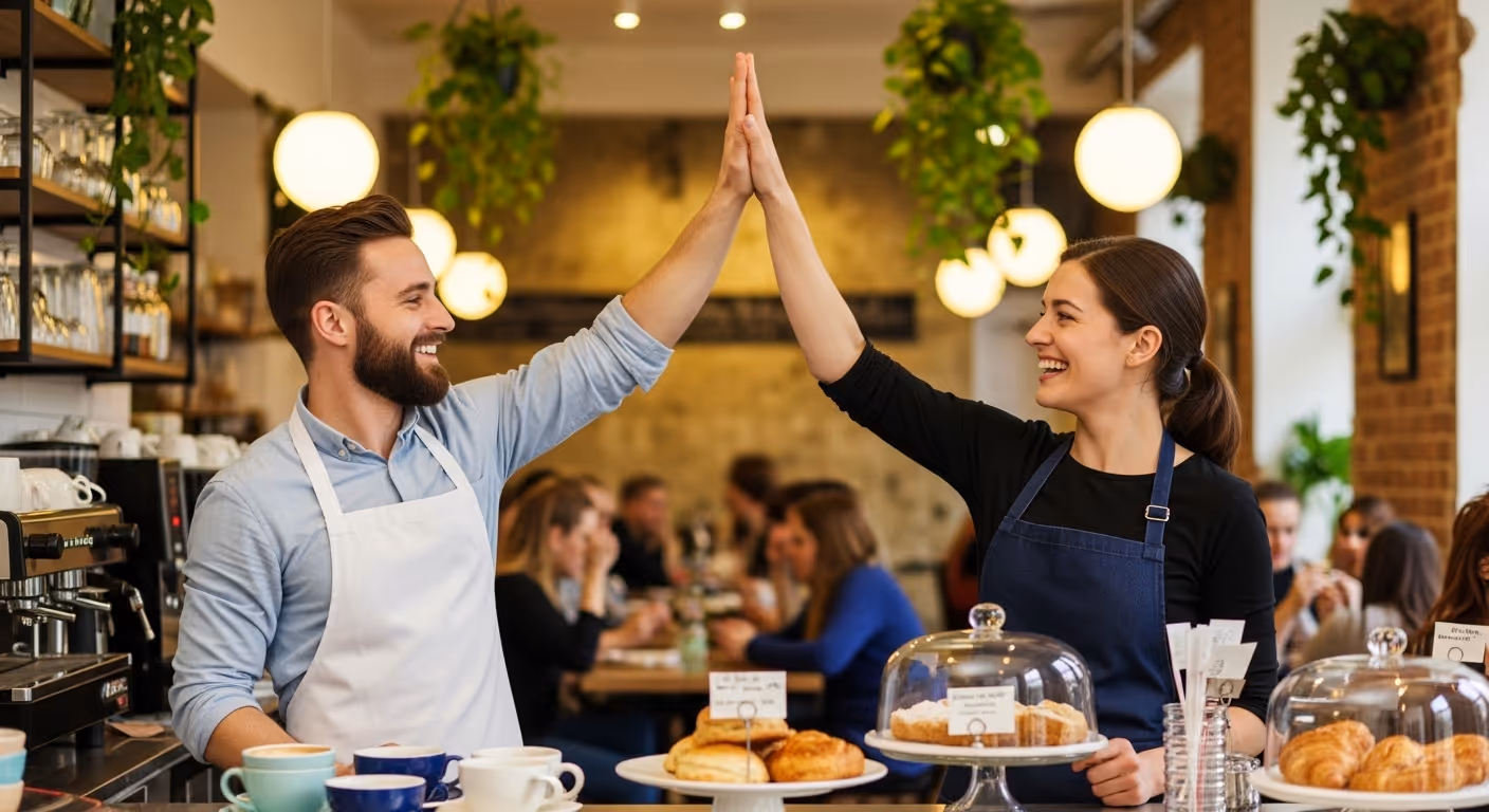 cafe owners from two different cafes high fiving in a cafe