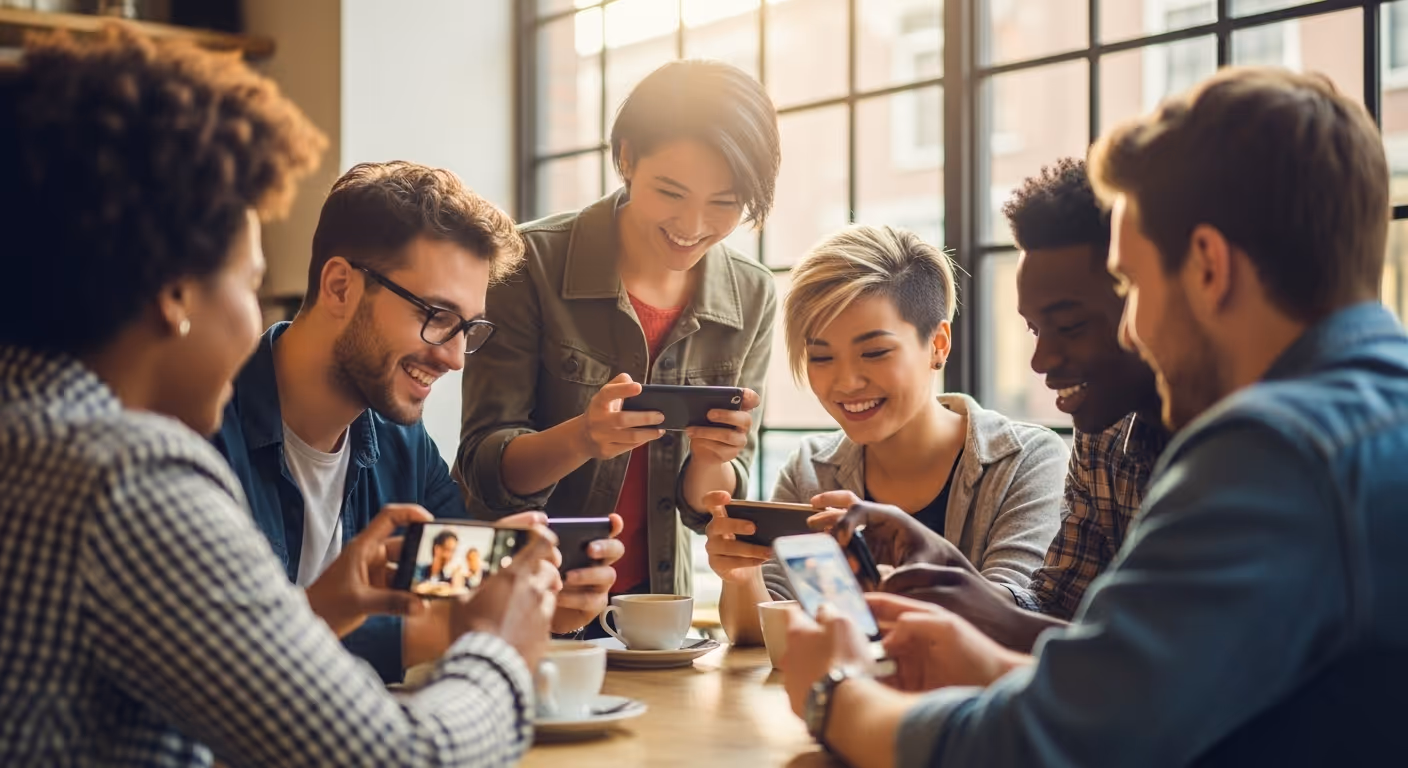 customers at a cafe taking a picture for social media