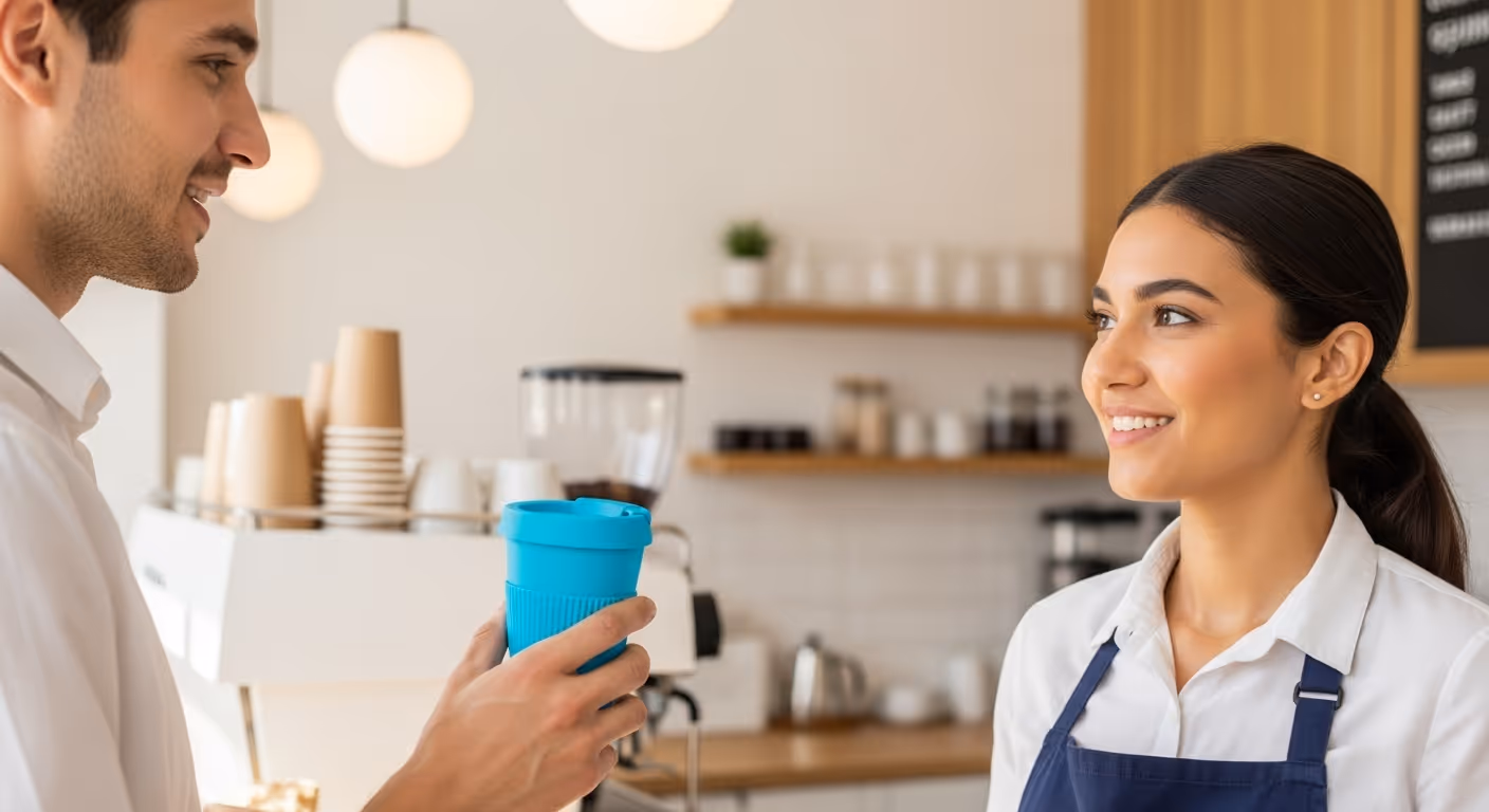 someone holding an eco friendly coffee cup and talking to a barista