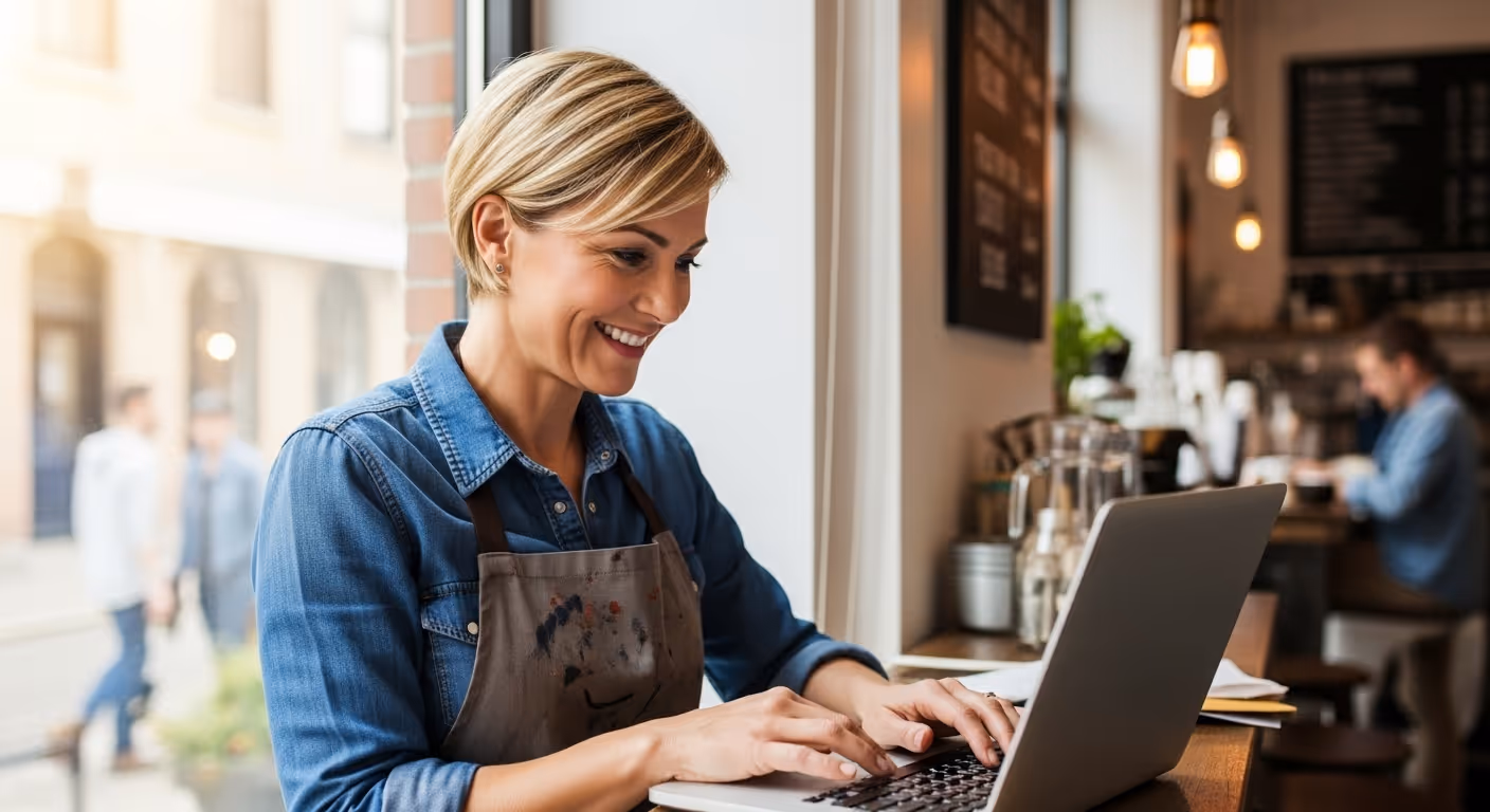 Cafe owner setting up a digital loyalty program using Stamp Me to support sustainability goals.