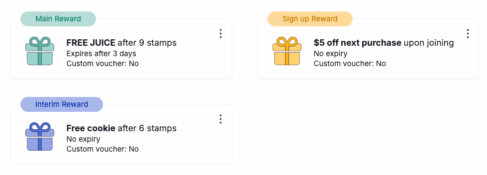 Custom reward setup in Stamp Me loyalty program showing sign-up bonus and tiered reward options for small businesses.