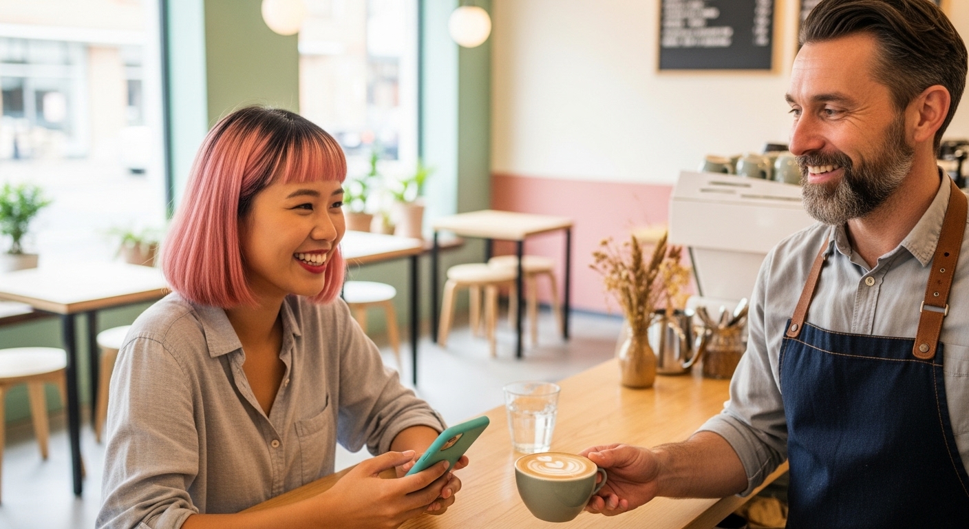 Barista giving a coffee while a customer smiles at their phone, which has their digital loyalty card at a small cafe.