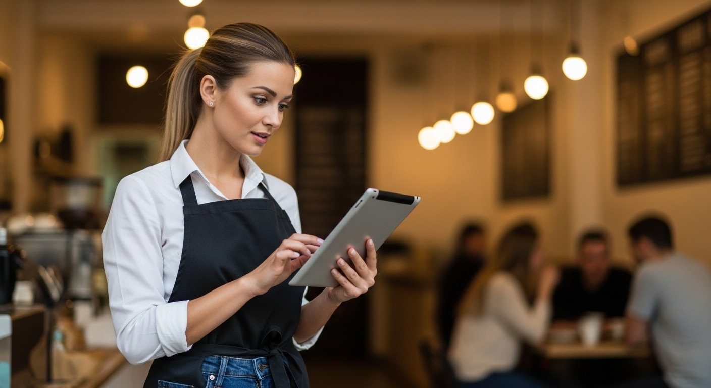 Small cafe owner reviewing digital loyalty program analytics to track customer visits and redemptions.