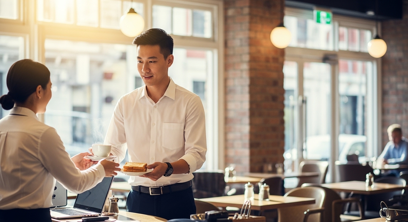 Toastie and coffee lunch combo at a busy cafe for office workers