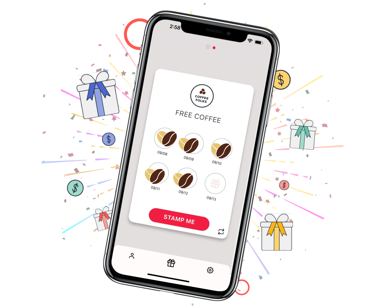 Digital cafe loyalty card with five stamps earned, ready for a surprise reward