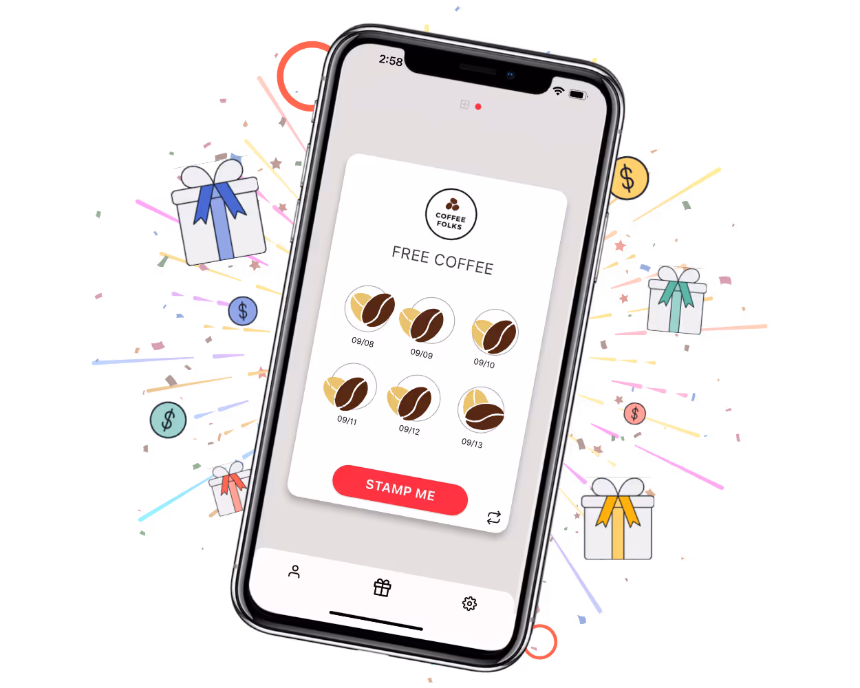 Digital loyalty card with progress bar showing 6 out of 6 stamps completed